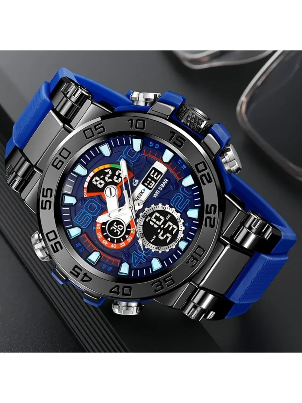 Men's Blue Analog Quartz Waterproof Sports Outdoor Military LED Digital Watch